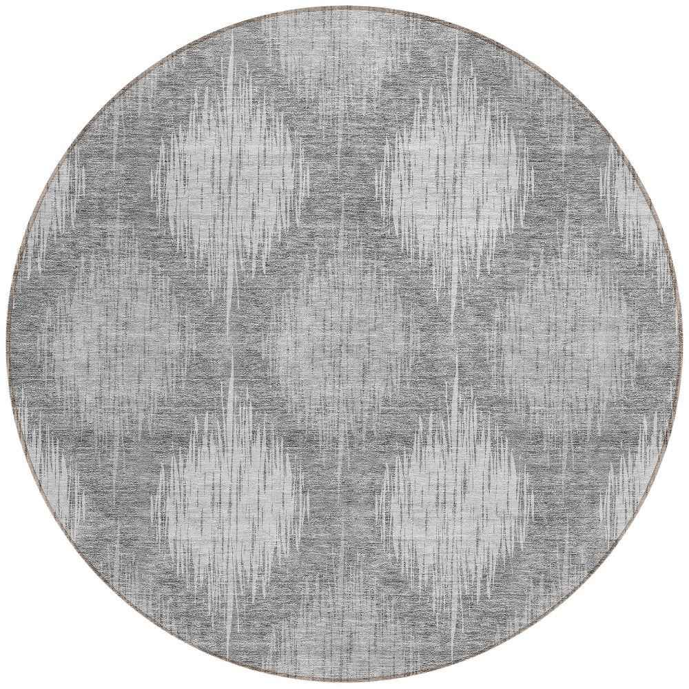 8' Gray Silver And Charcoal Round Ikat Washable Indoor Outdoor Area Rug