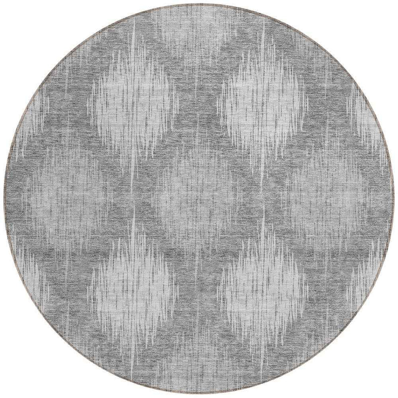 8' Gray Silver And Charcoal Round Ikat Washable Indoor Outdoor Area Rug