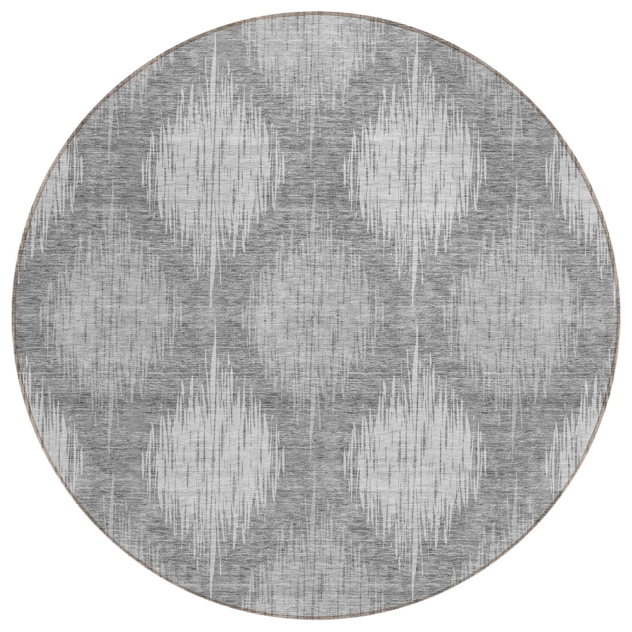 8' Gray Silver And Charcoal Round Ikat Washable Indoor Outdoor Area Rug