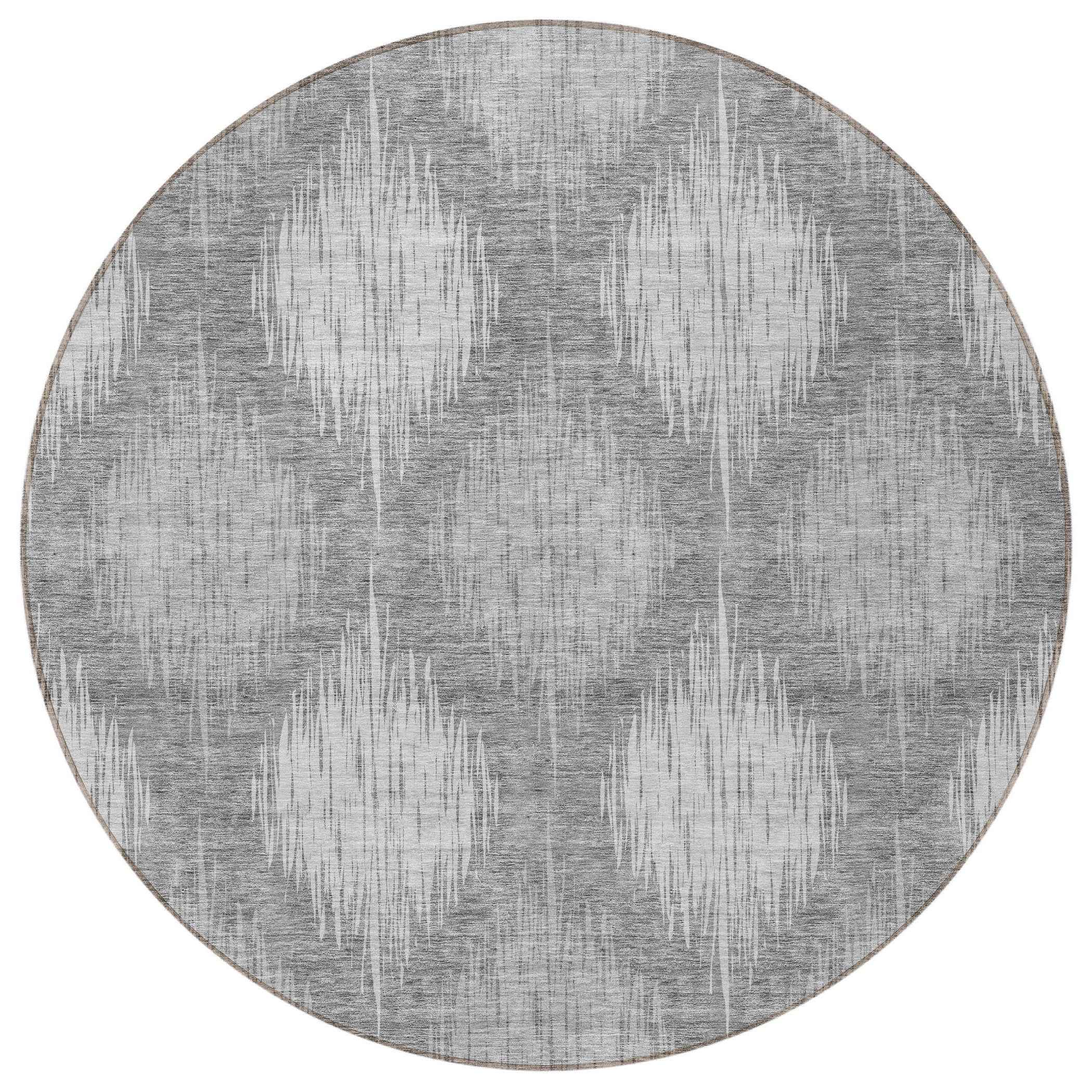 8' Gray Silver And Charcoal Round Ikat Washable Indoor Outdoor Area Rug