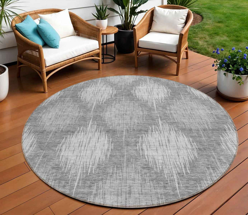 8' Gray Silver And Charcoal Round Ikat Washable Indoor Outdoor Area Rug