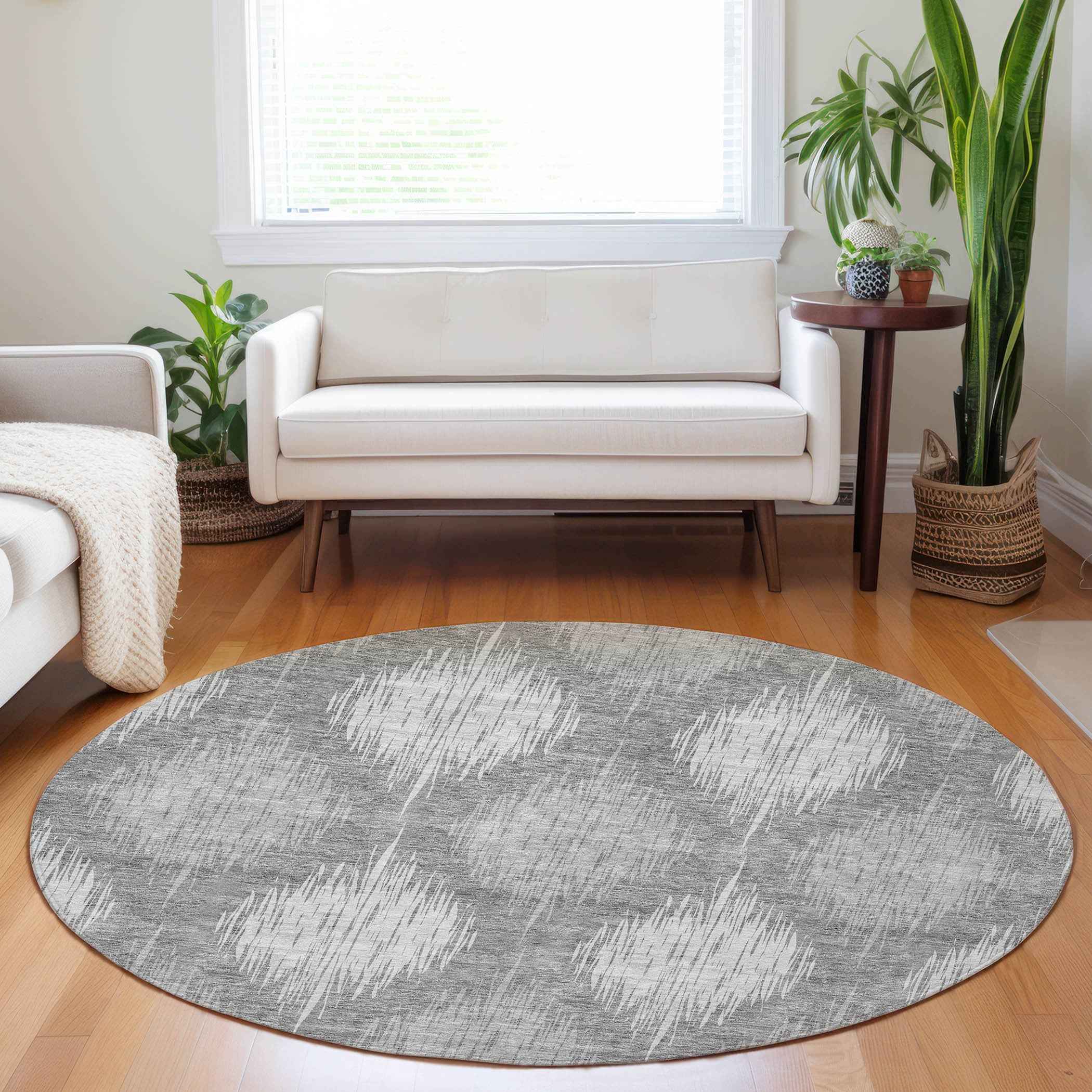8' Gray Silver And Charcoal Round Ikat Washable Indoor Outdoor Area Rug