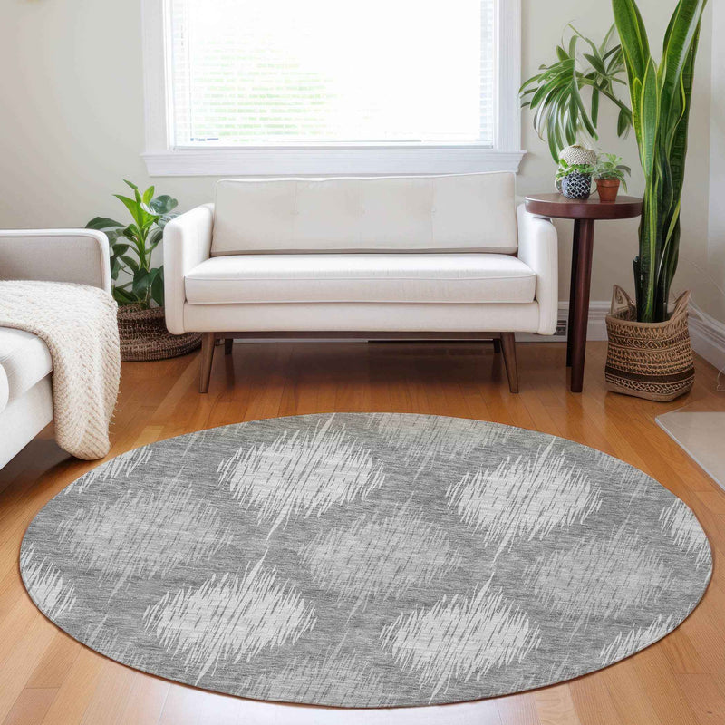 8' Gray Silver And Charcoal Round Ikat Washable Indoor Outdoor Area Rug