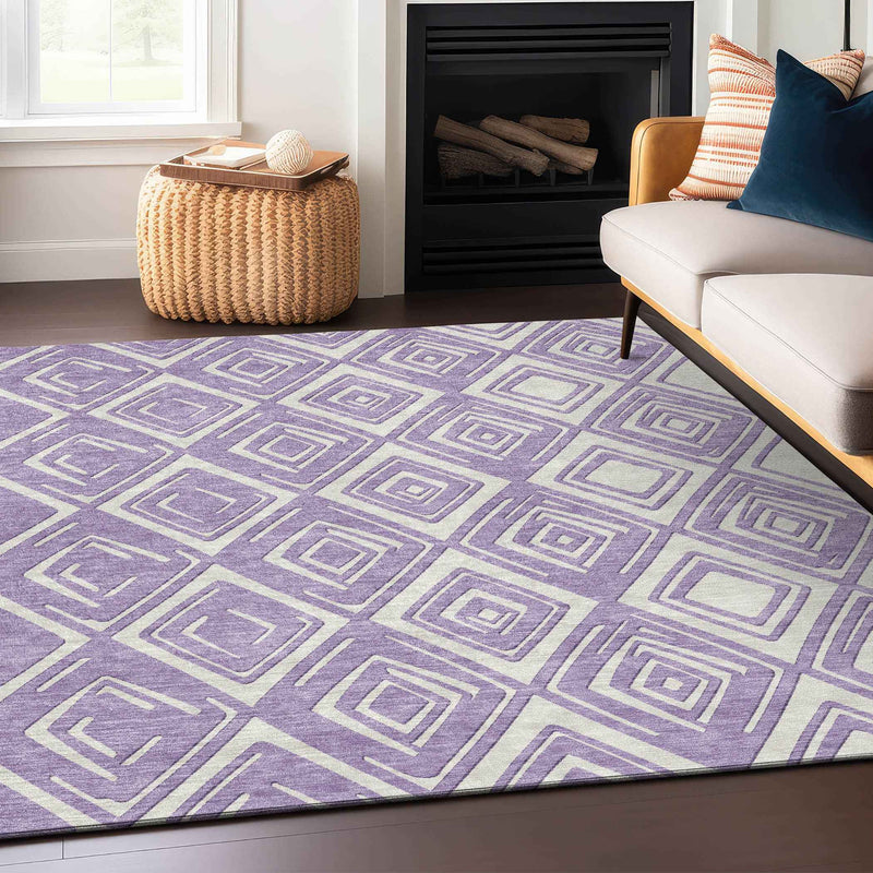 5' X 8' Lavender And Ivory Geometric Washable Indoor Outdoor Area Rug