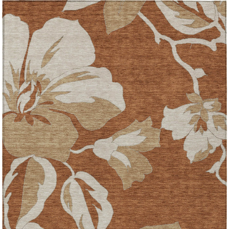 5' X 8' Terra Cotta And Beige Floral Washable Indoor Outdoor Area Rug