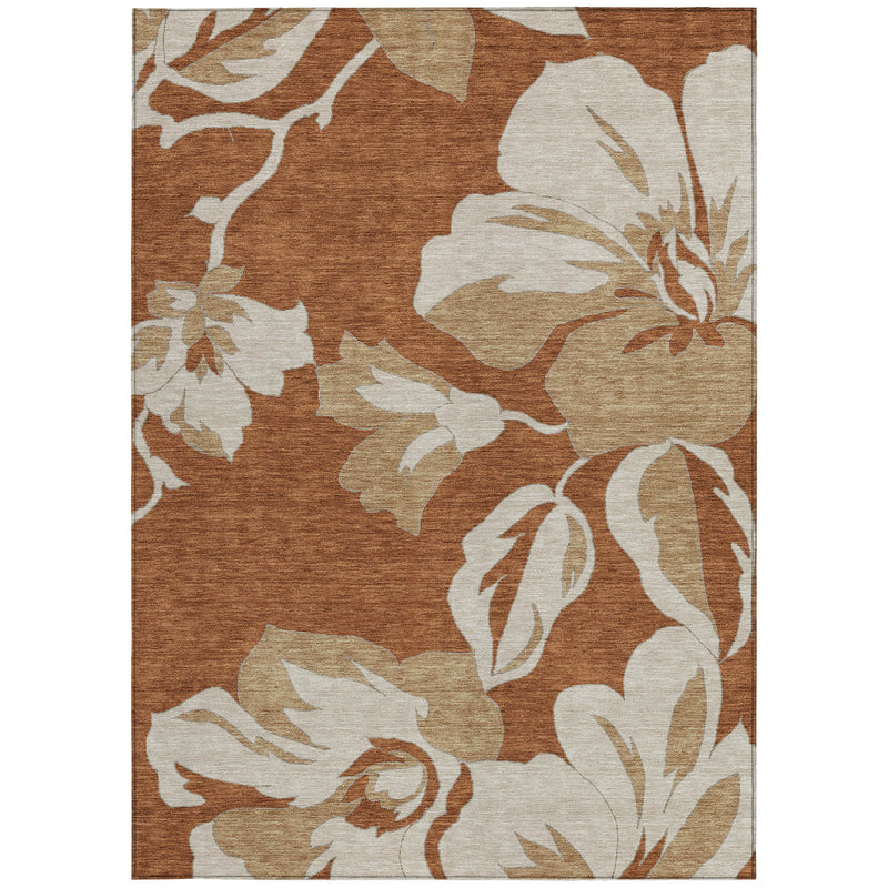 5' X 8' Terra Cotta And Beige Floral Washable Indoor Outdoor Area Rug