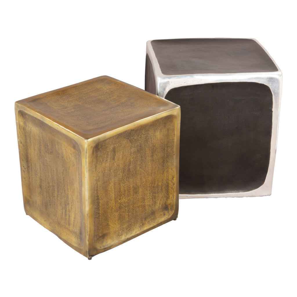 Set of Two Black Silver And Antiqued Brass Aluminum Square Block End Tables