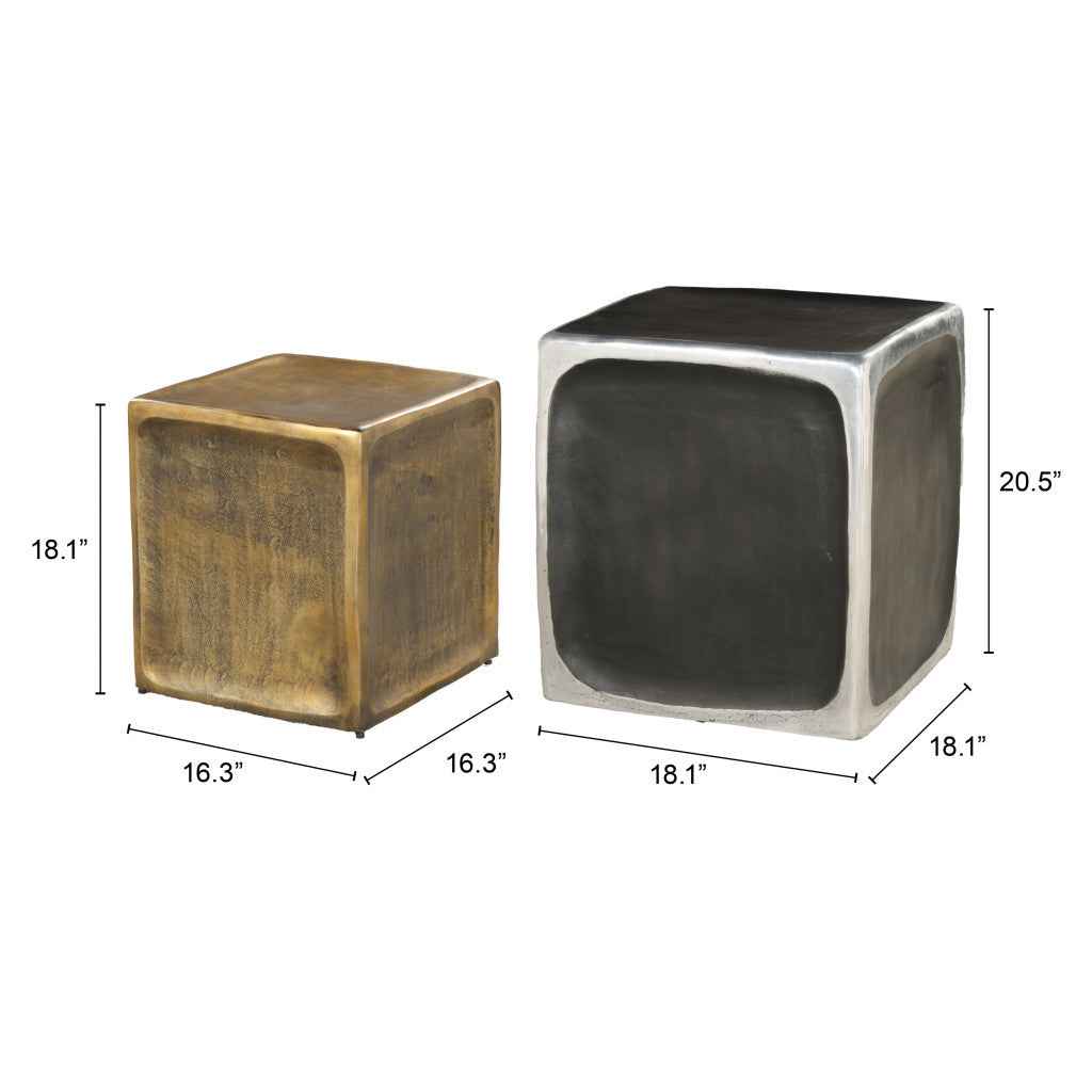 Set of Two Black Silver And Antiqued Brass Aluminum Square Block End Tables
