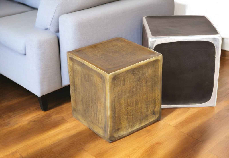 Set of Two Black Silver And Antiqued Brass Aluminum Square Block End Tables