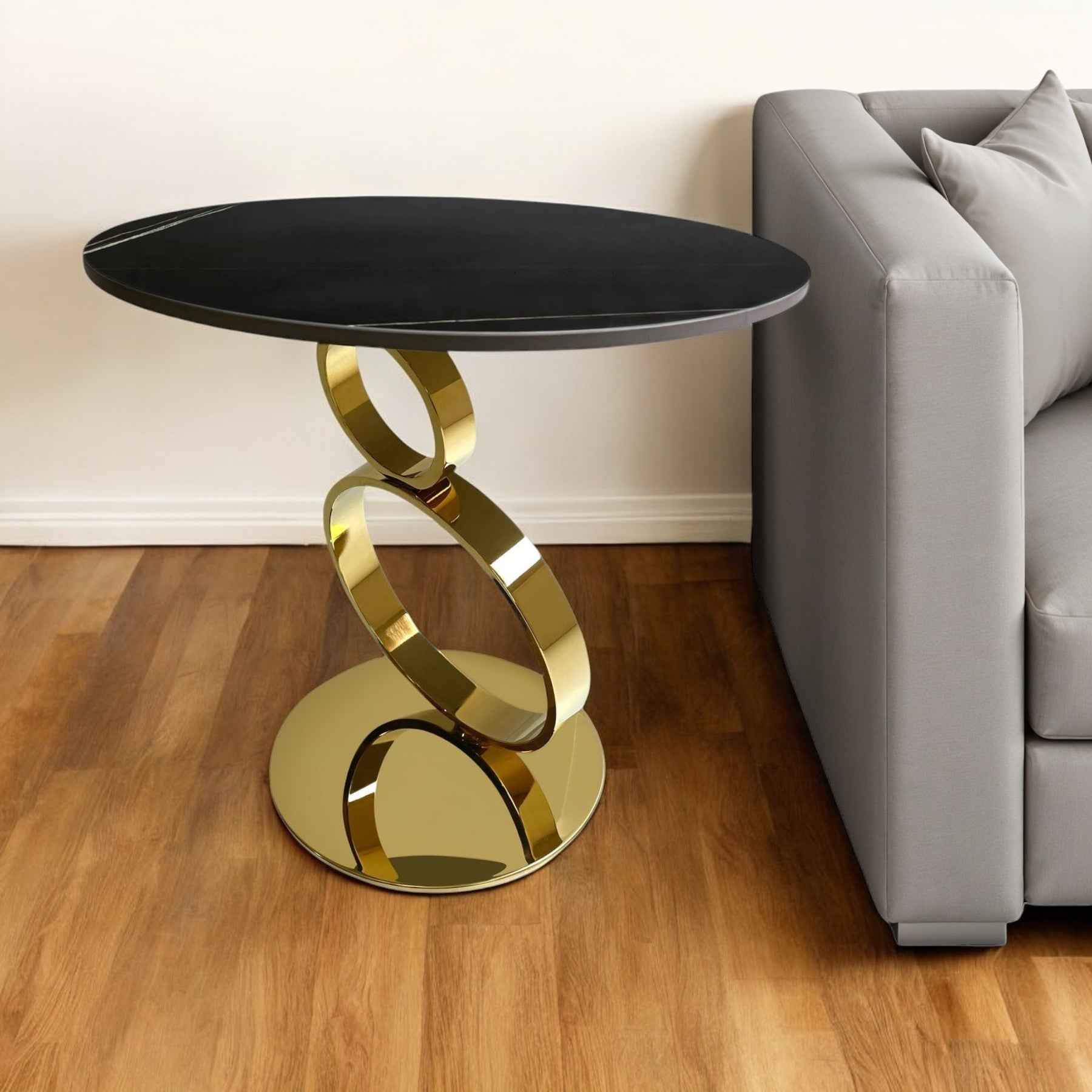 21" Black And Gold Stone And Stainless Steel Round Pedestal End Table