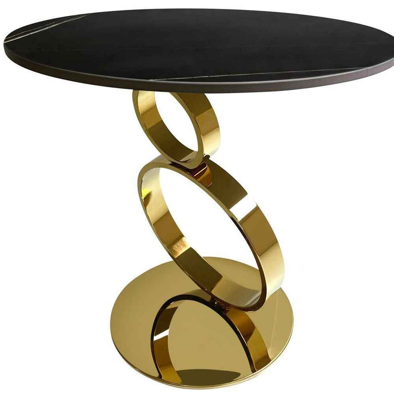 21" Black And Gold Stone And Stainless Steel Round Pedestal End Table