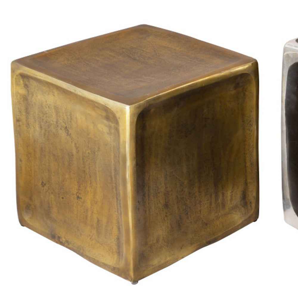 Set of Two Black Silver And Antiqued Brass Aluminum Square Block End Tables
