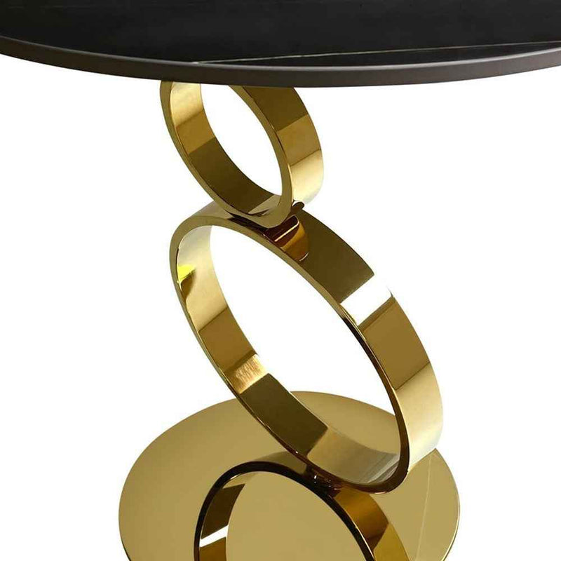 21" Black And Gold Stone And Stainless Steel Round Pedestal End Table