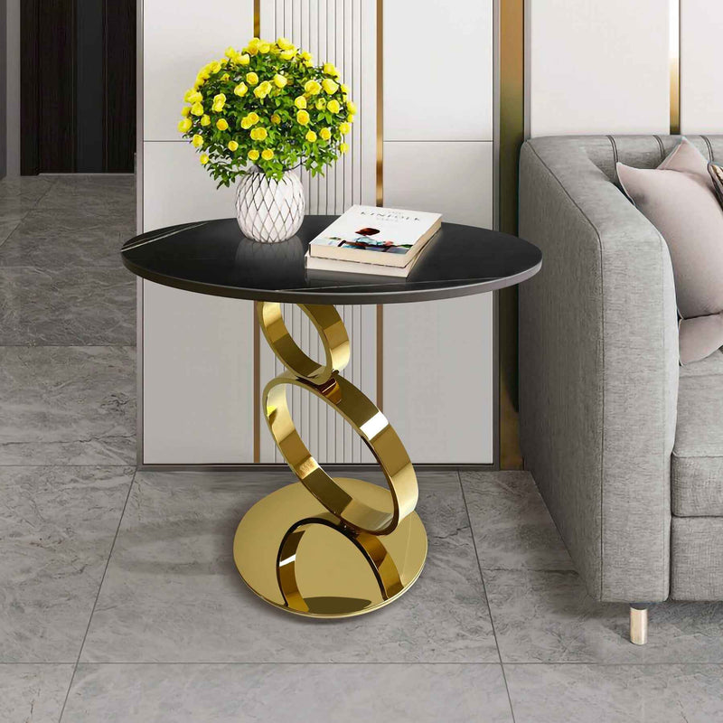 21" Black And Gold Stone And Stainless Steel Round Pedestal End Table