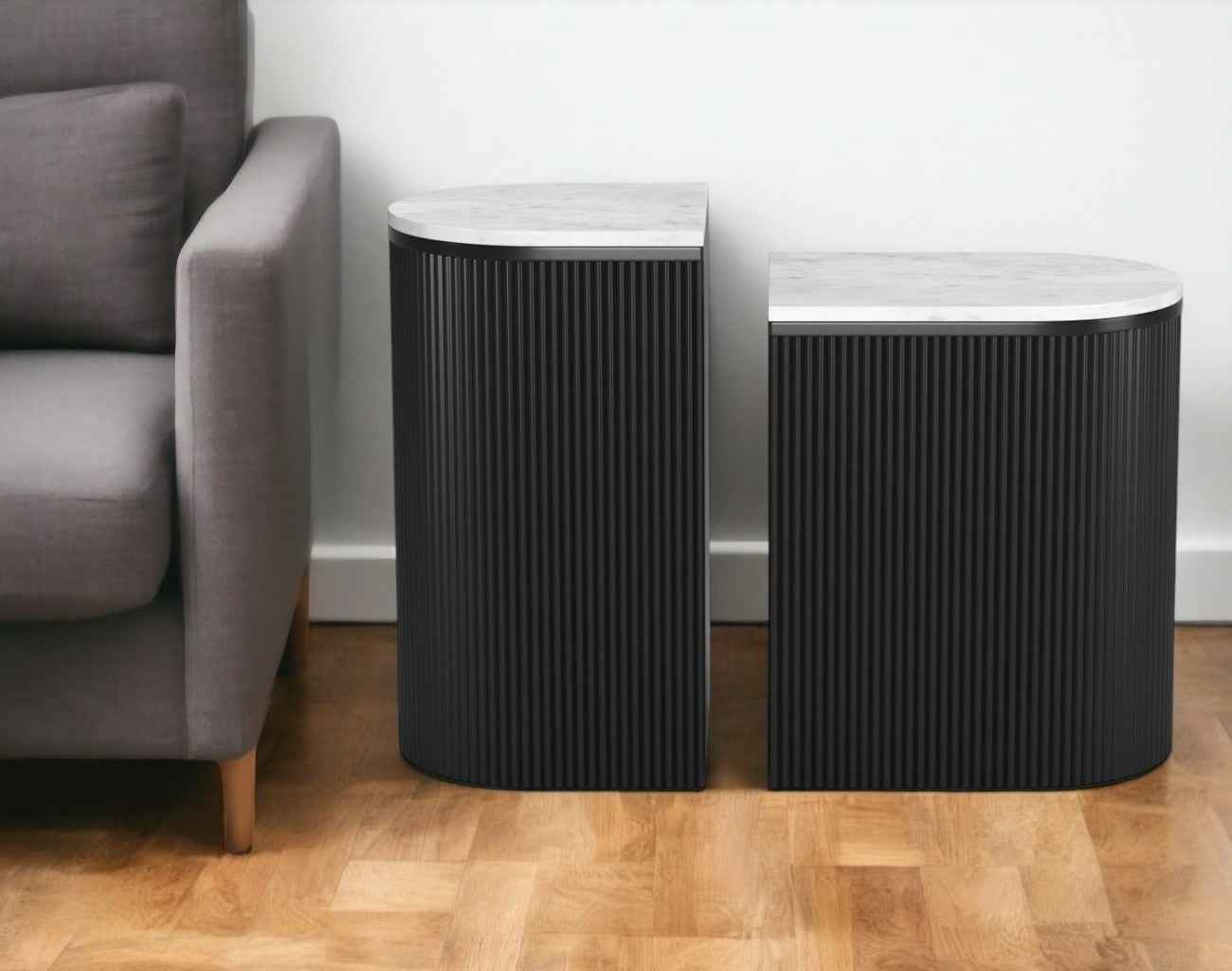 Set of Two Black And White Solid Wood And Marble Oval Block End Tables