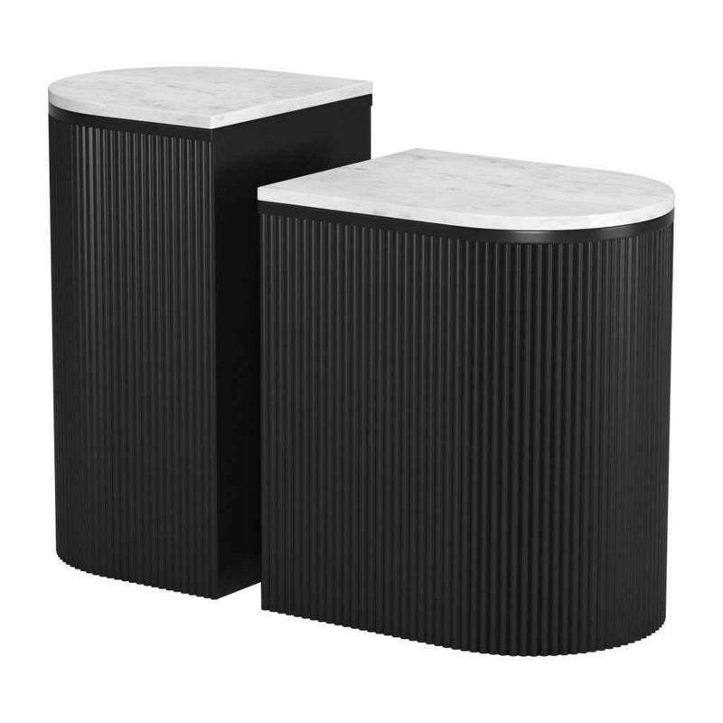Set of Two Black And White Solid Wood And Marble Oval Block End Tables