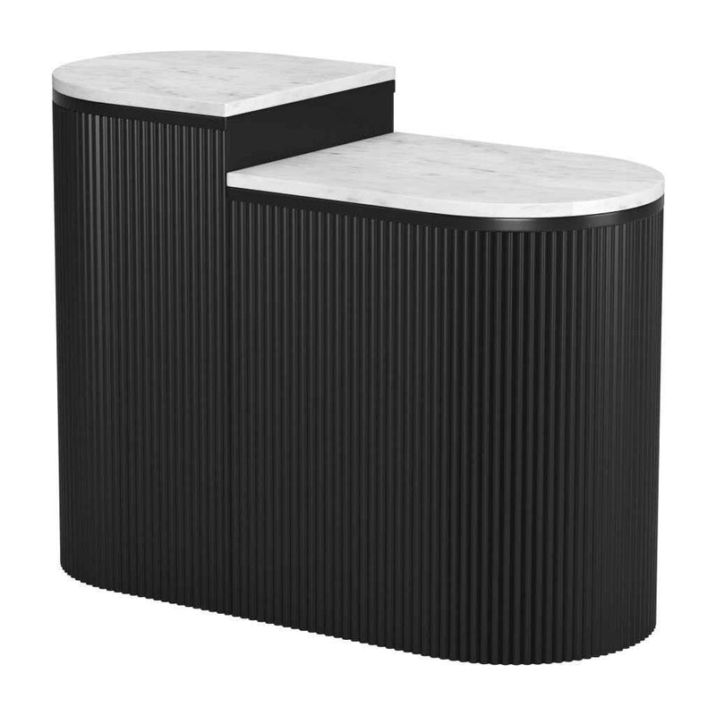 Set of Two Black And White Solid Wood And Marble Oval Block End Tables