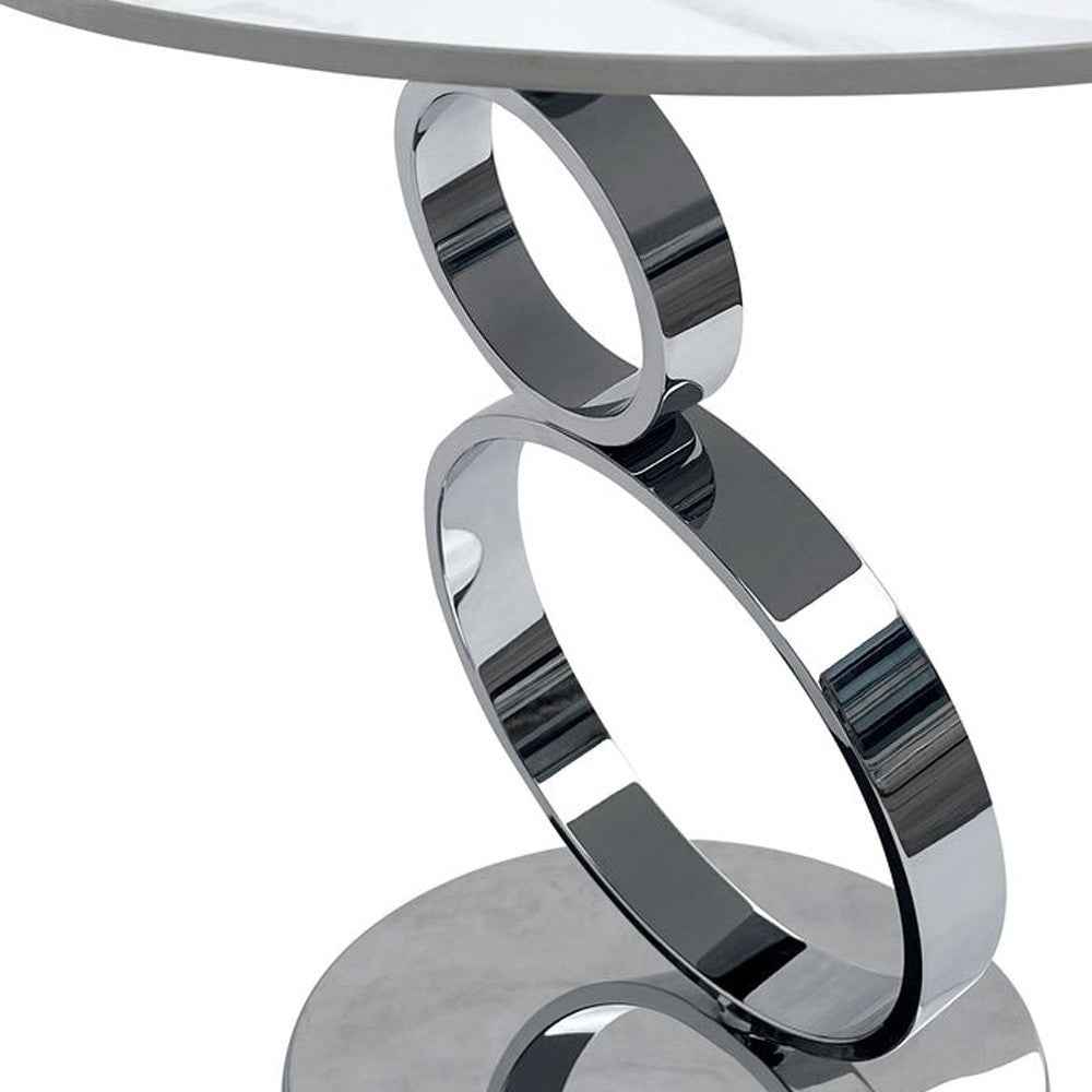 21" White And Silver Stone And Stainless Steel Round Pedestal End Table