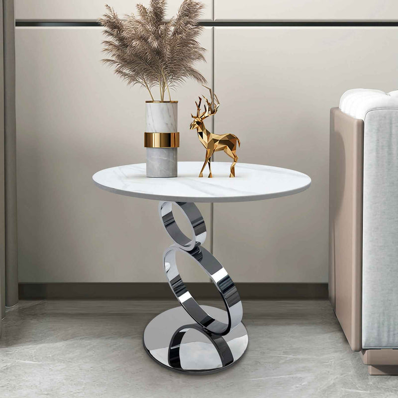 21" White And Silver Stone And Stainless Steel Round Pedestal End Table