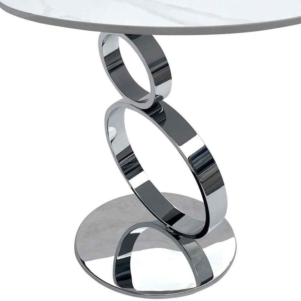 21" White And Silver Stone And Stainless Steel Round Pedestal End Table
