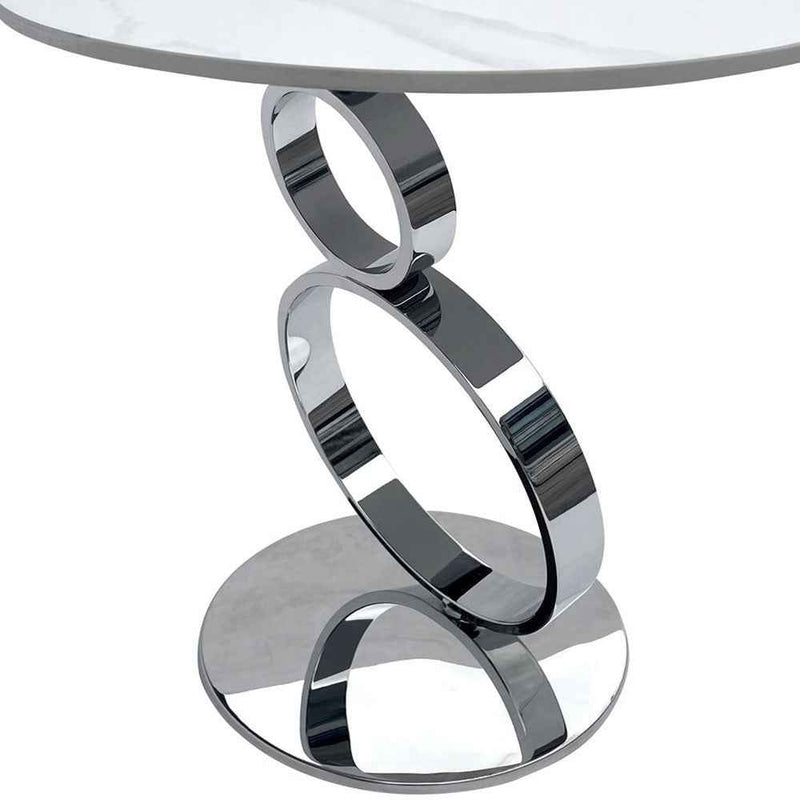 21" White And Silver Stone And Stainless Steel Round Pedestal End Table