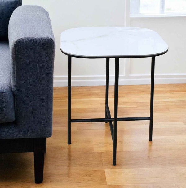 22" White And Black Ceramic And Metal Square End Table