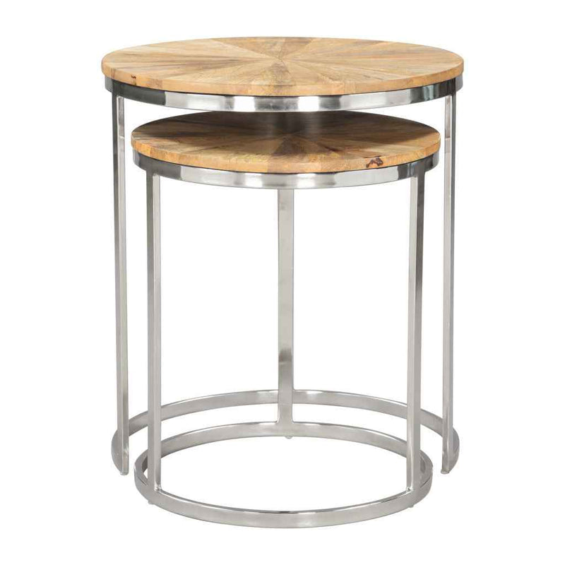 Set of Two Natural And Silver Solid Wood And Iron Round Frame Nested Tables