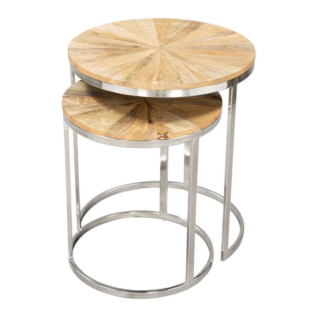 Set of Two Natural And Silver Solid Wood And Iron Round Frame Nested Tables