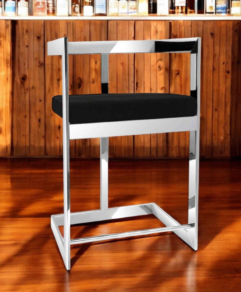 30" Black and Silver Velvet and Stainless Steel Low Back Bar Height Bar Chair