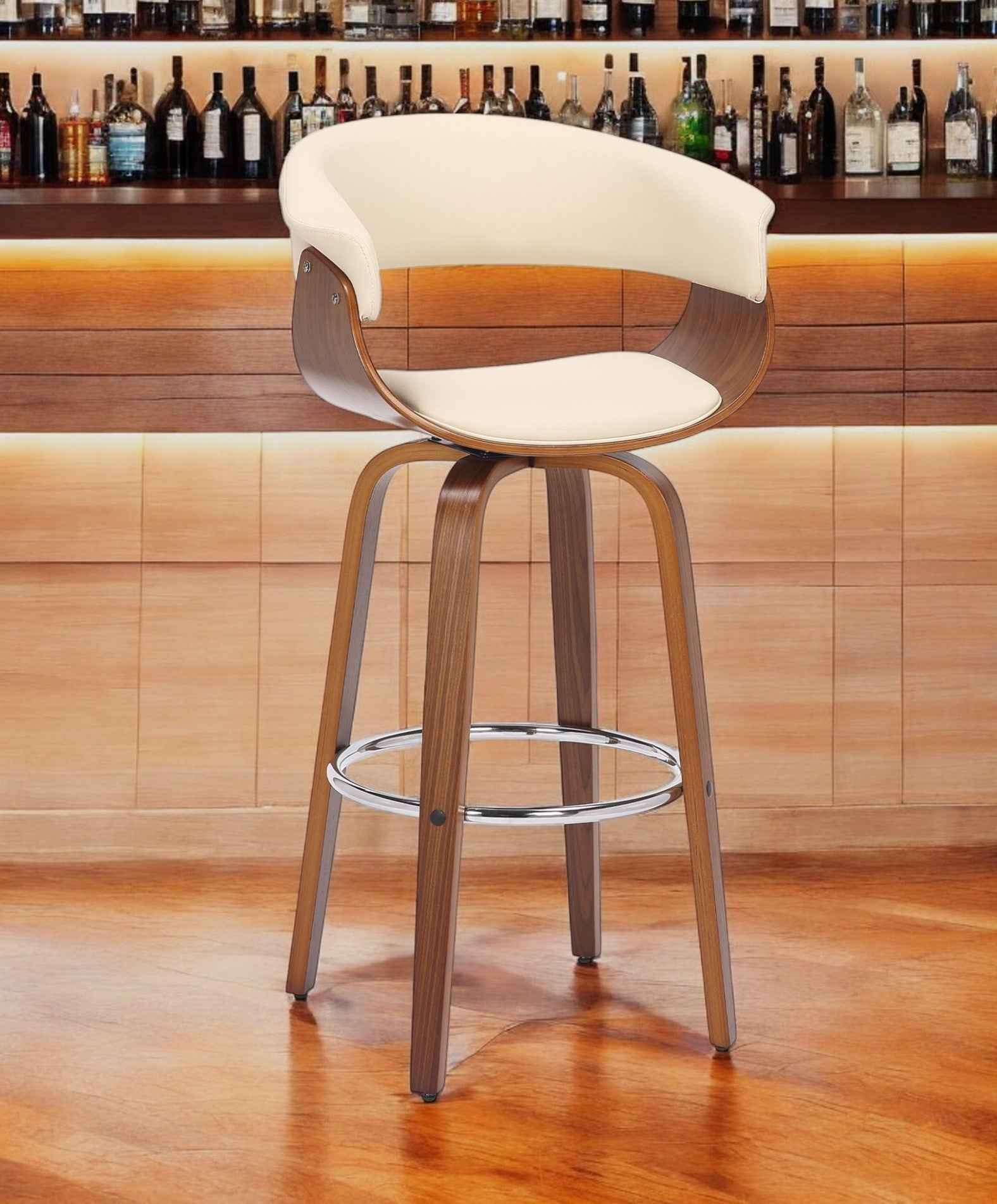 27" Cream and Brown Faux Leather and Solid Wood Low Back Counter Height Swivel Bar Chair