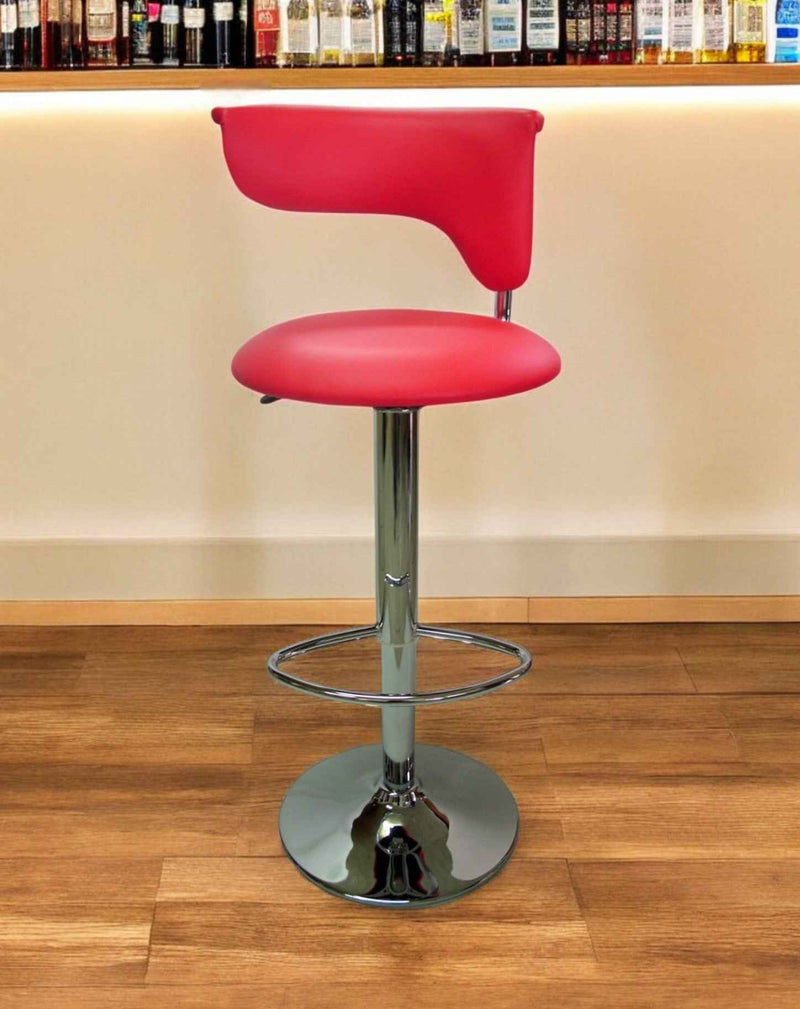 Red and Silver Faux Leather and Metal Low Back Adjustable Height Bar Chair