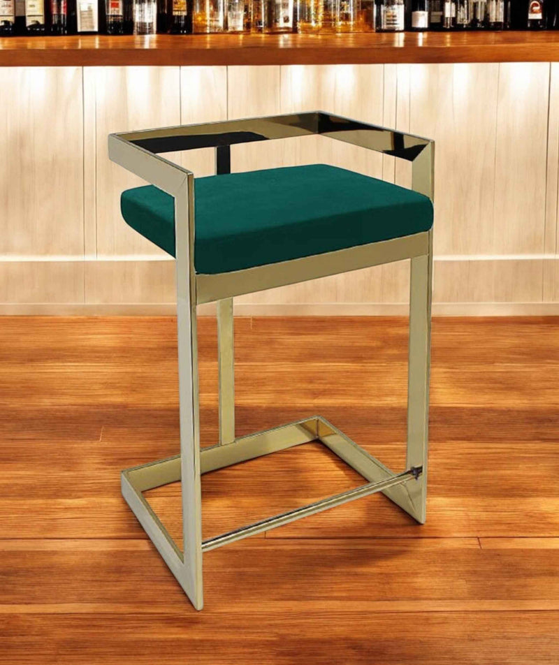 26" Green and Gold Velvet and Stainless Steel Backless Bar Height Bar Chair