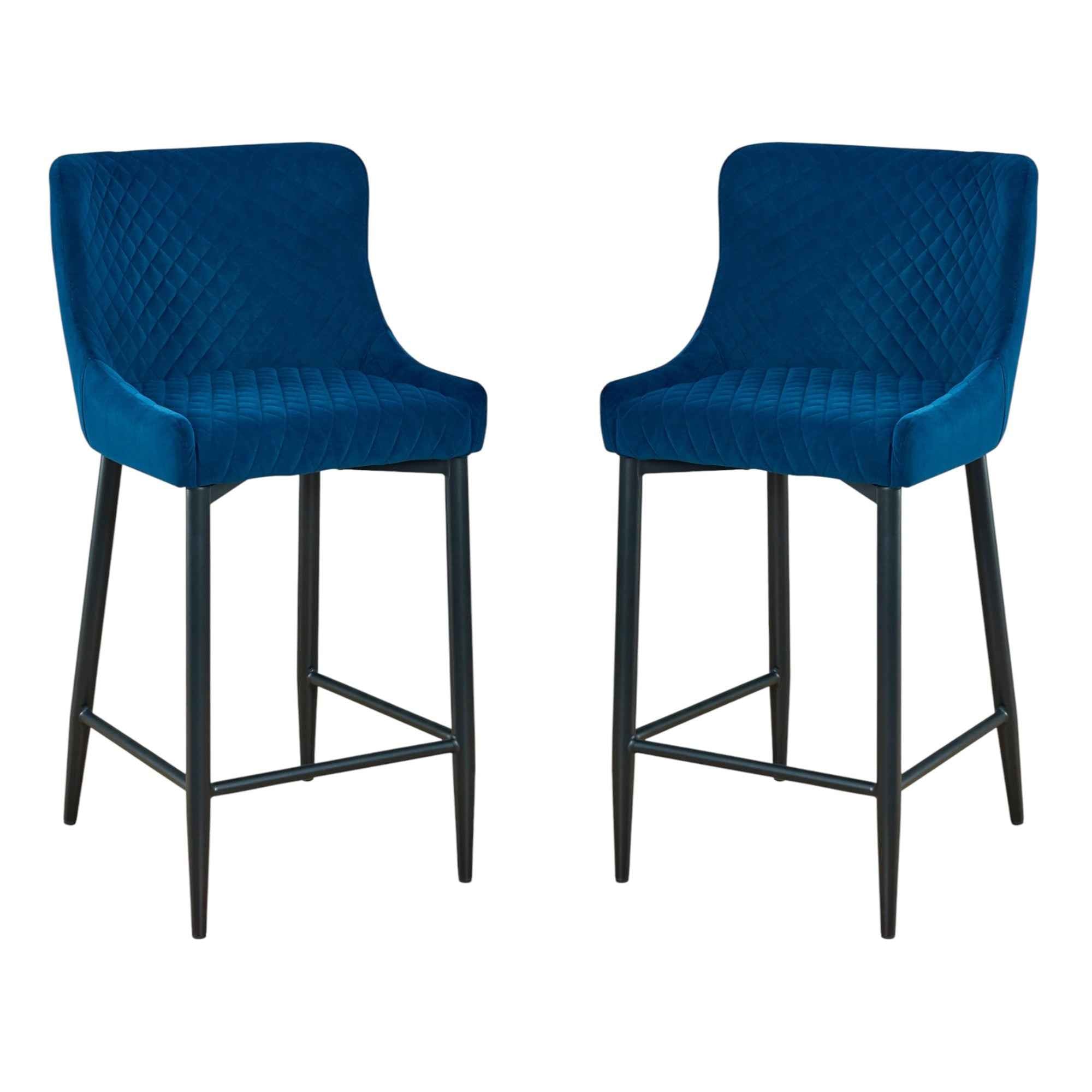 Set of Two 26" Blue and Black Velvet and Metal Low Back Counter Height Bar Chairs