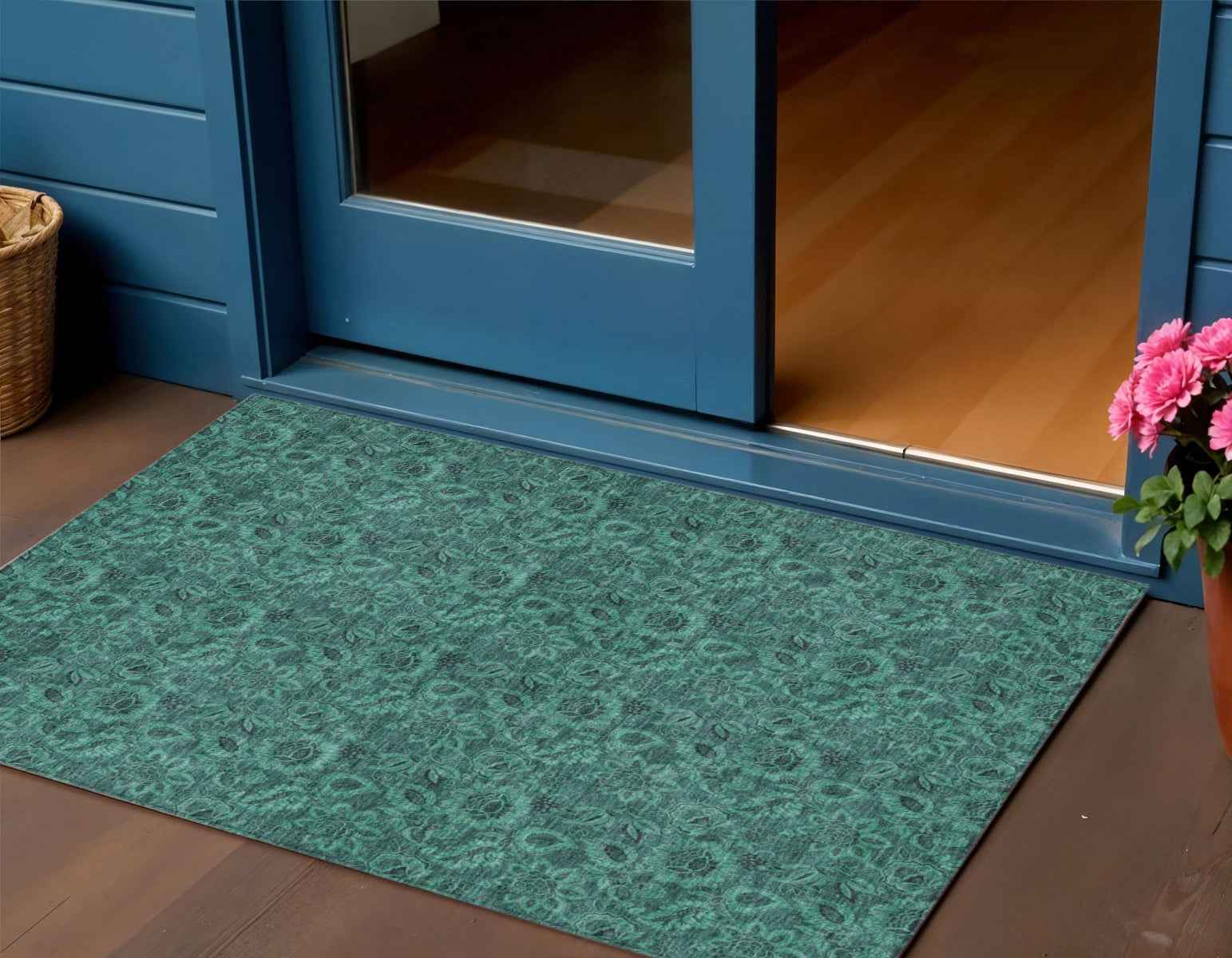 3' X 5' Teal Blue Green And Charcoal Floral Washable Indoor Outdoor Area Rug