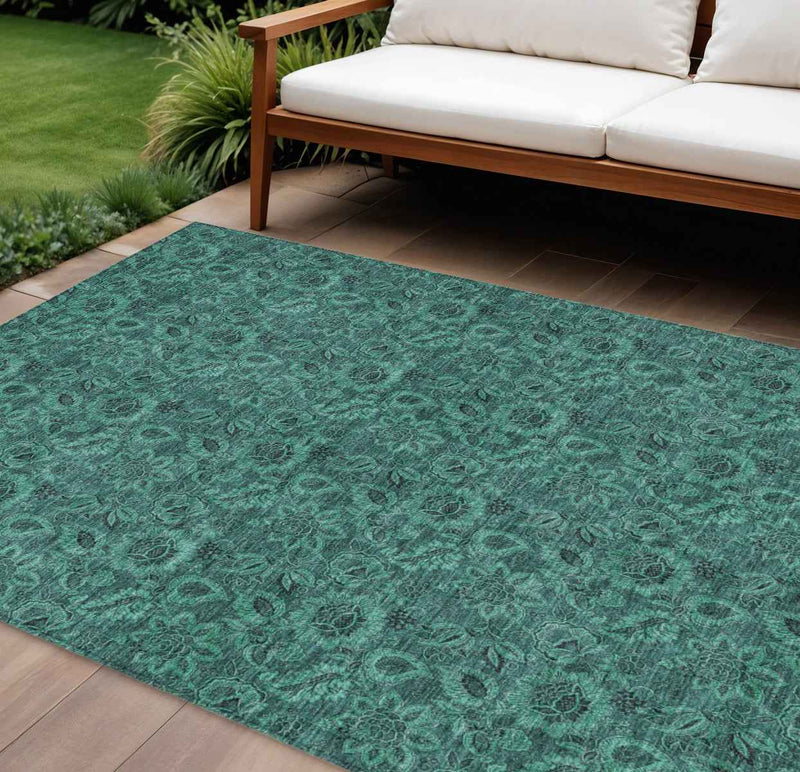 8' X 10' Teal Blue Green And Charcoal Floral Washable Indoor Outdoor Area Rug