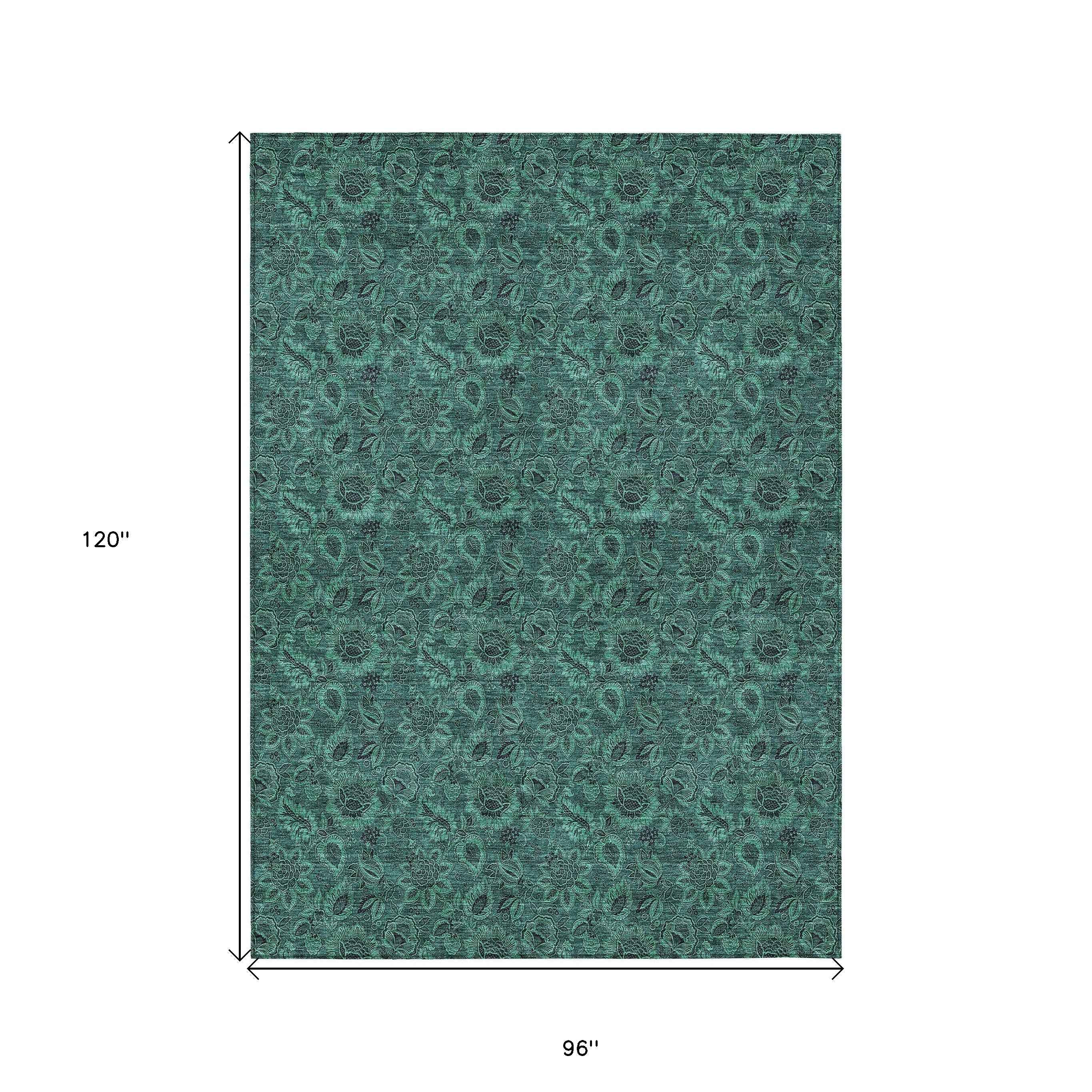8' X 10' Teal Blue Green And Charcoal Floral Washable Indoor Outdoor Area Rug