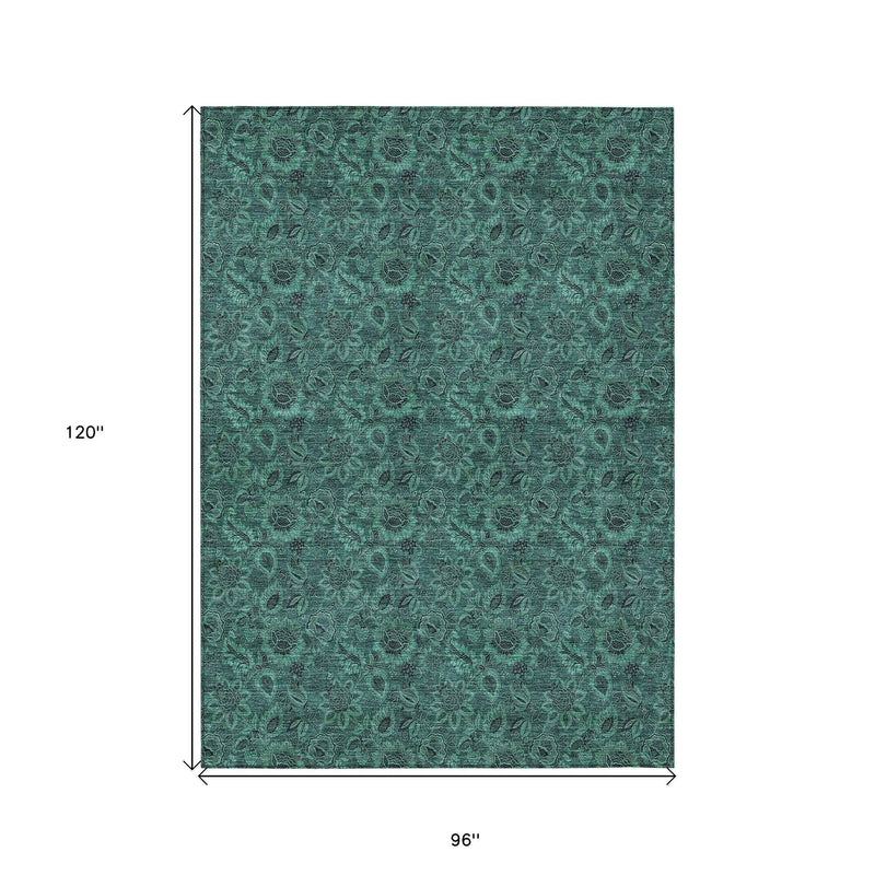 8' X 10' Teal Blue Green And Charcoal Floral Washable Indoor Outdoor Area Rug