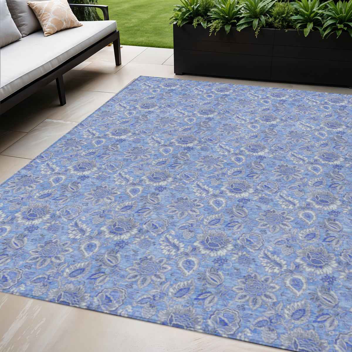 5' X 8' Navy Blue And Denim Blue Floral Washable Indoor Outdoor Area Rug