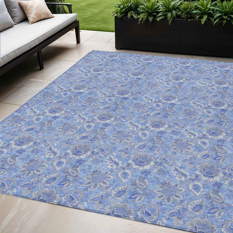 5' X 8' Navy Blue And Denim Blue Floral Washable Indoor Outdoor Area Rug