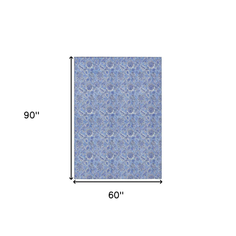 5' X 8' Navy Blue And Denim Blue Floral Washable Indoor Outdoor Area Rug