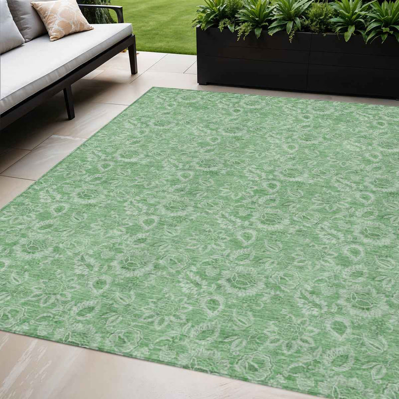 5' X 8' Green And Artichoke Green Floral Washable Indoor Outdoor Area Rug