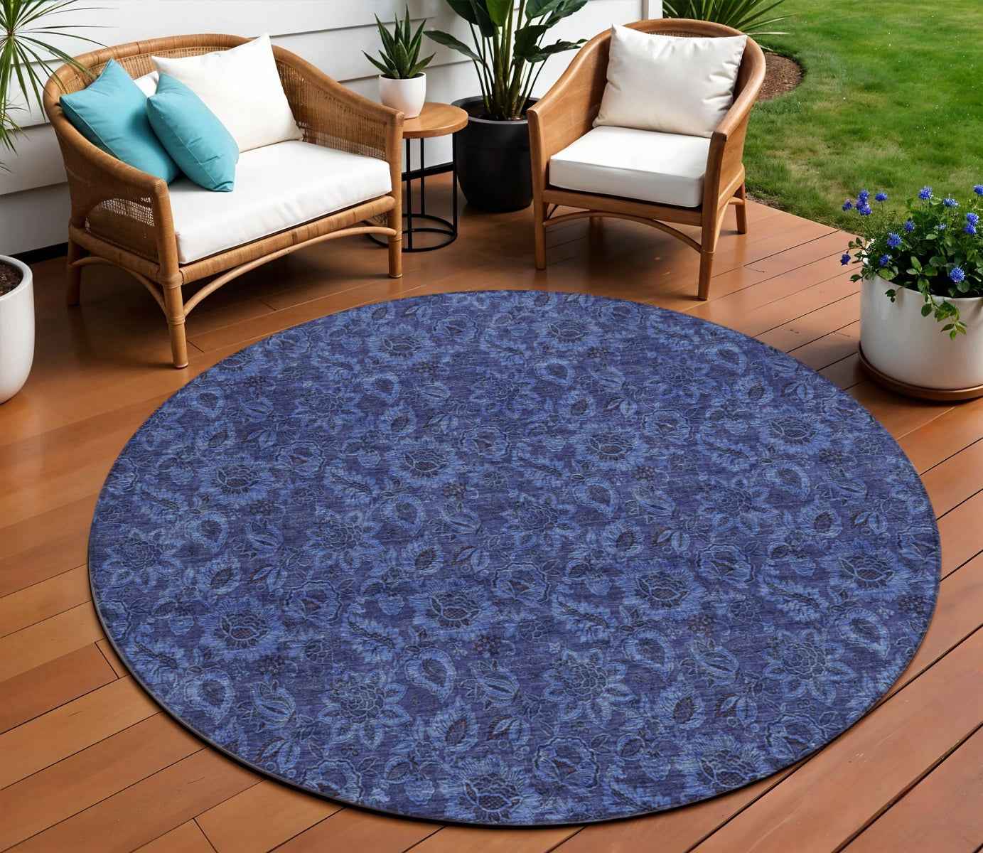 8' Navy Blue And Charcoal Round Floral Washable Indoor Outdoor Area Rug
