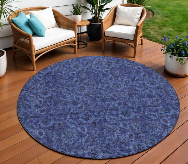 8' Navy Blue And Charcoal Round Floral Washable Indoor Outdoor Area Rug