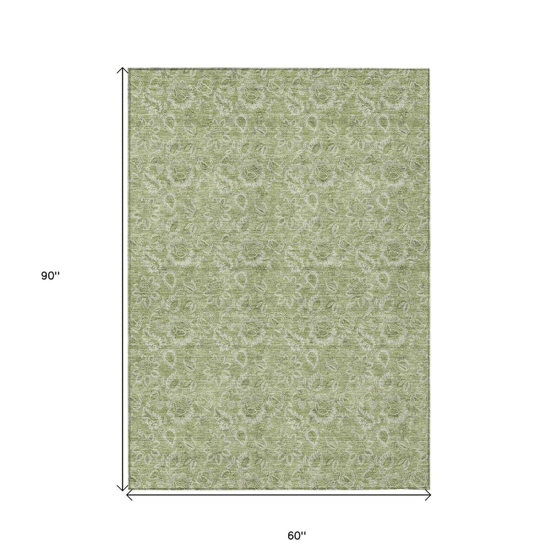 5' X 8' Green Blue And Ivory Floral Washable Indoor Outdoor Area Rug