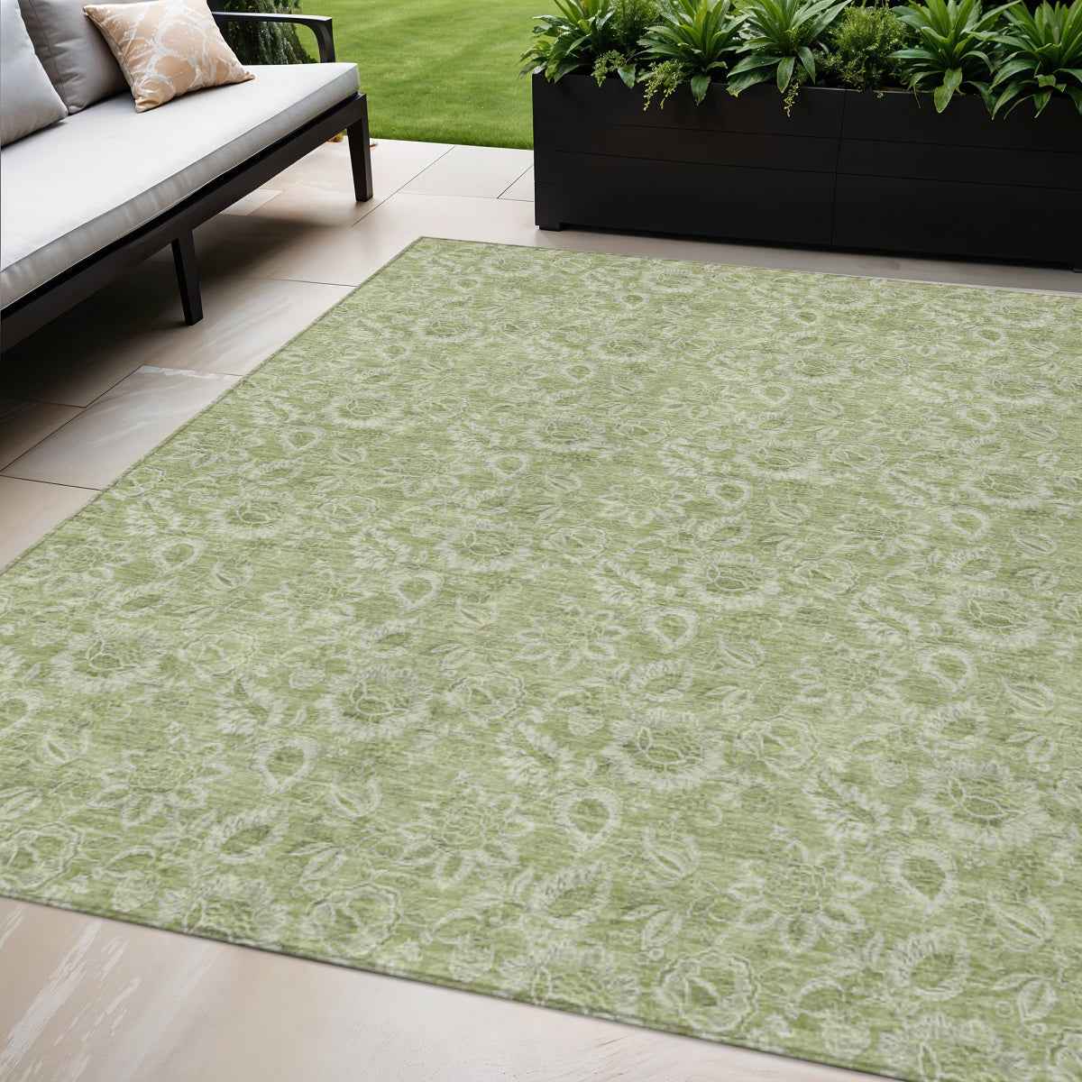 5' X 8' Green Blue And Ivory Floral Washable Indoor Outdoor Area Rug