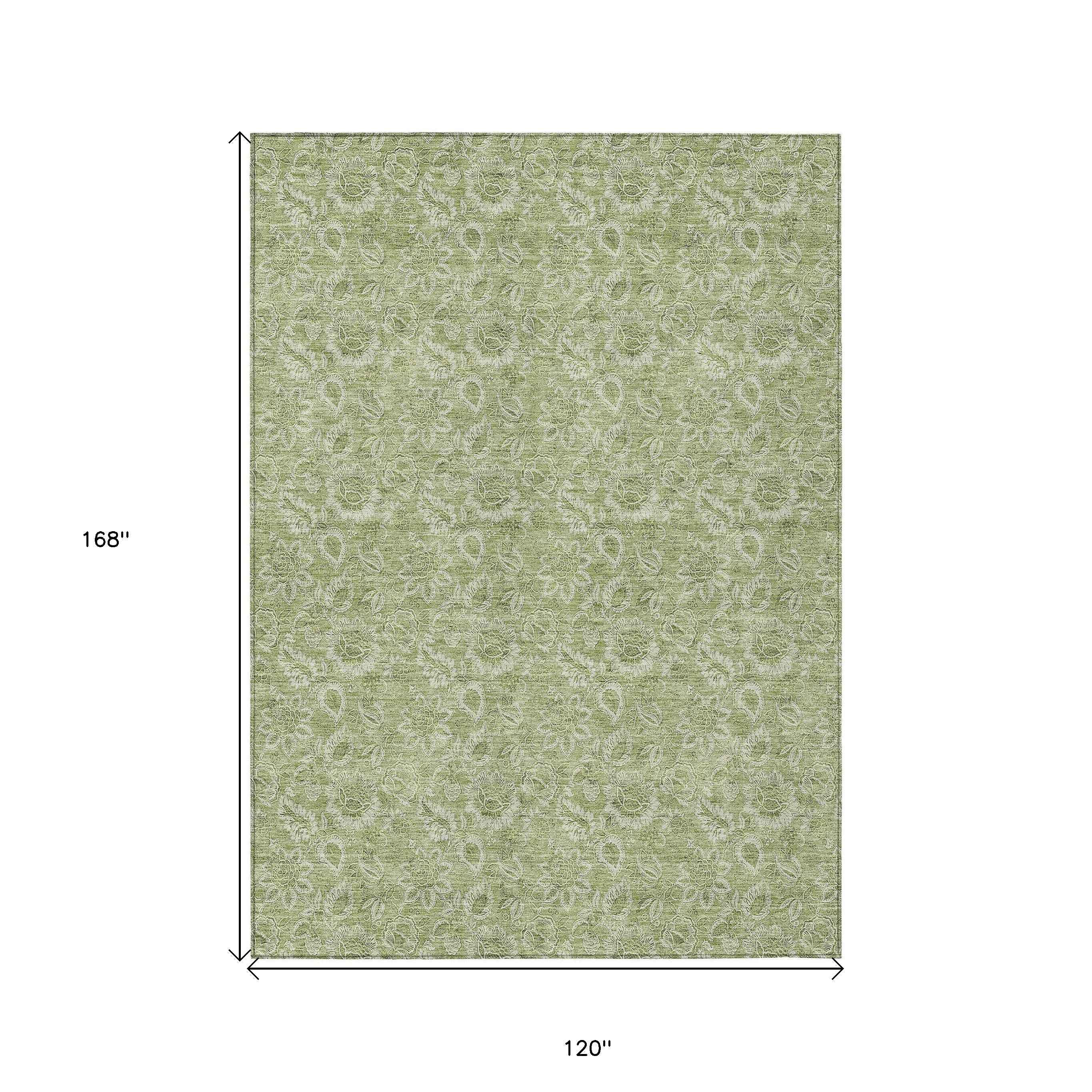 10' X 14' Green Blue And Ivory Floral Washable Indoor Outdoor Area Rug