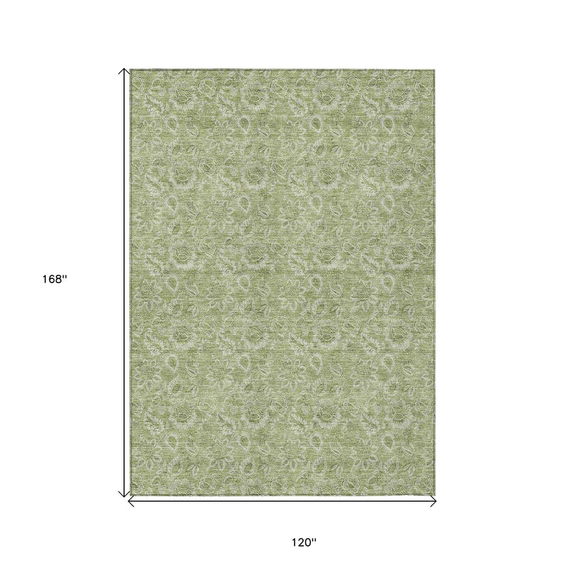 10' X 14' Green Blue And Ivory Floral Washable Indoor Outdoor Area Rug
