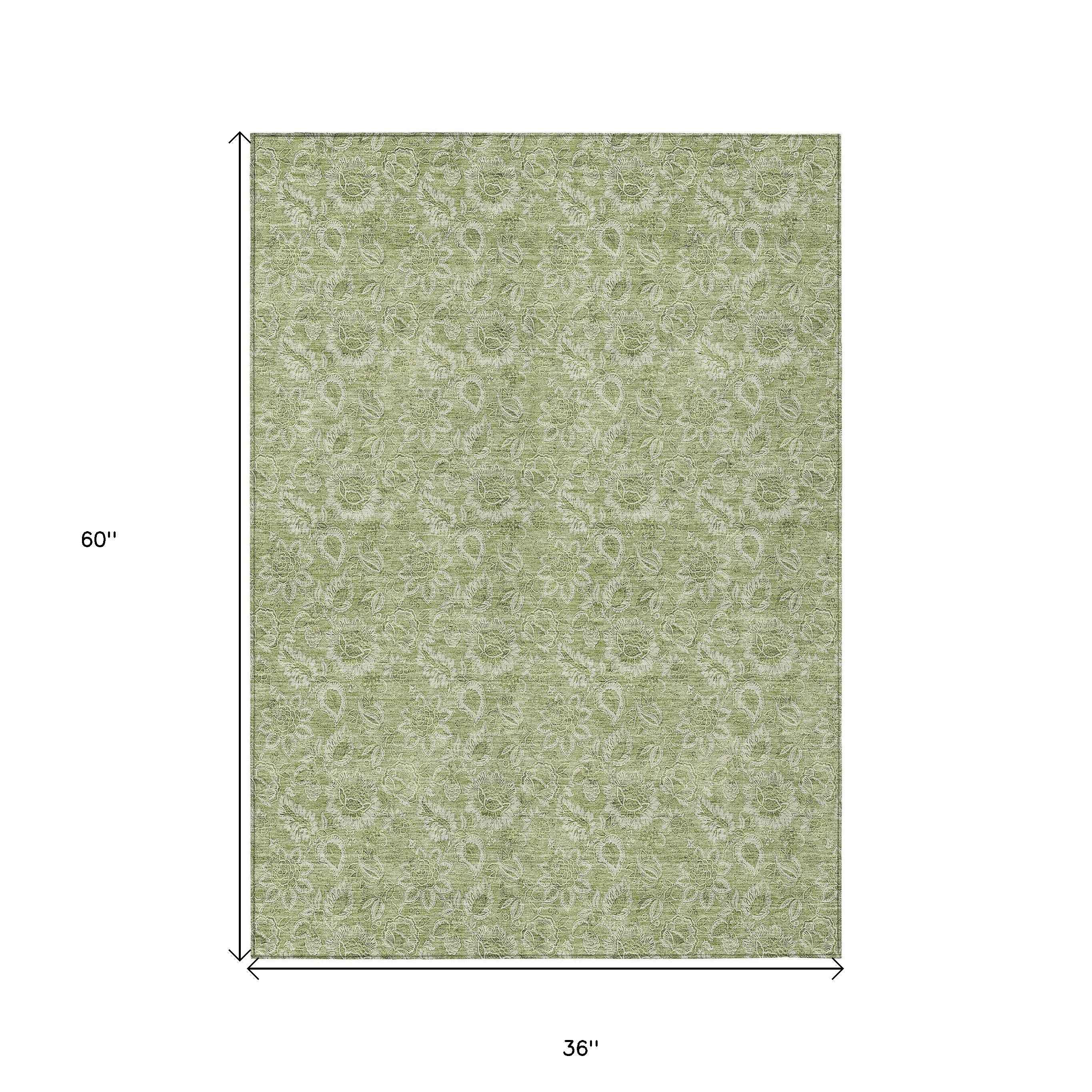 3' X 5' Green Blue And Ivory Floral Washable Indoor Outdoor Area Rug