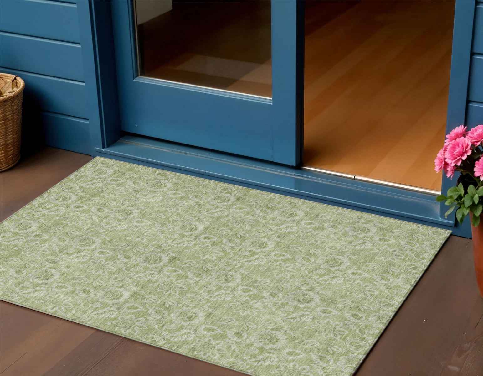 3' X 5' Green Blue And Ivory Floral Washable Indoor Outdoor Area Rug
