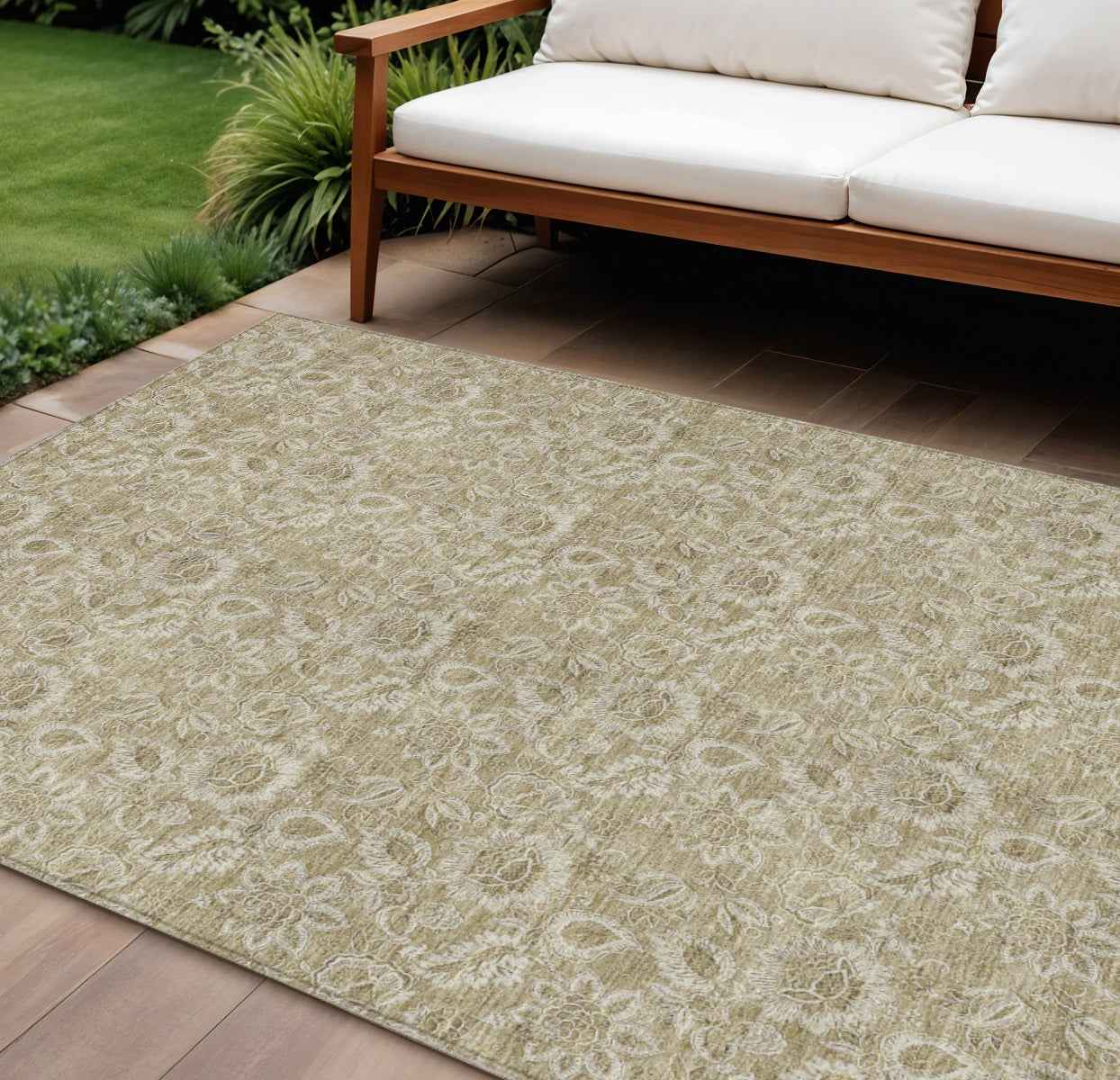 9' X 12' Beige Taupe And Brown Floral Washable Indoor Outdoor Area Rug
